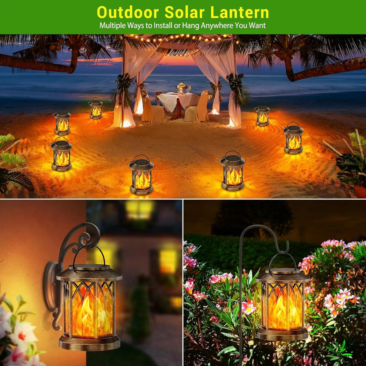 Waterproof Solar Lantern With Flickering Flame for Outdoor Garden Decor