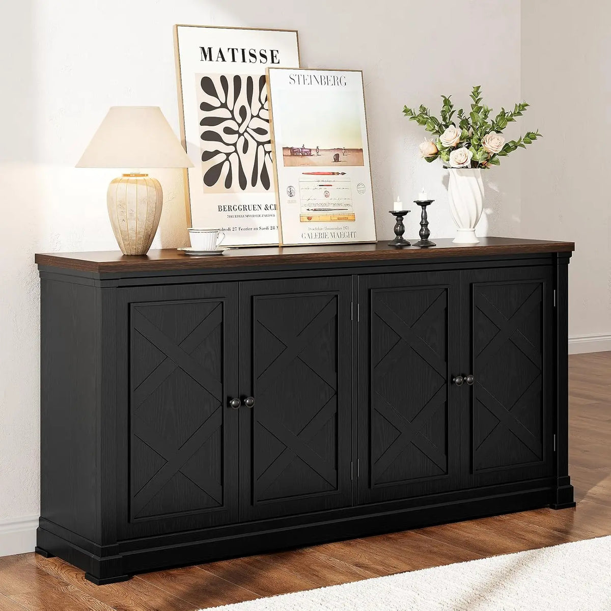 ONBRILL Solid Wood Sideboard Buffet Cabinet With Barn Doors