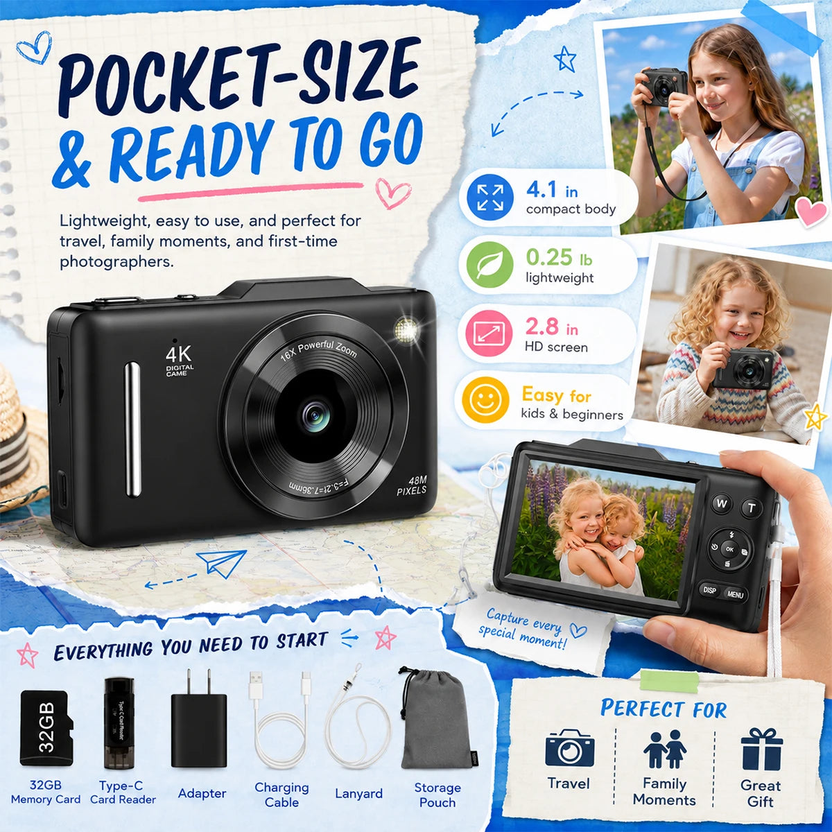 Compact 4K Digital Camera With Zoom For Students And Travel