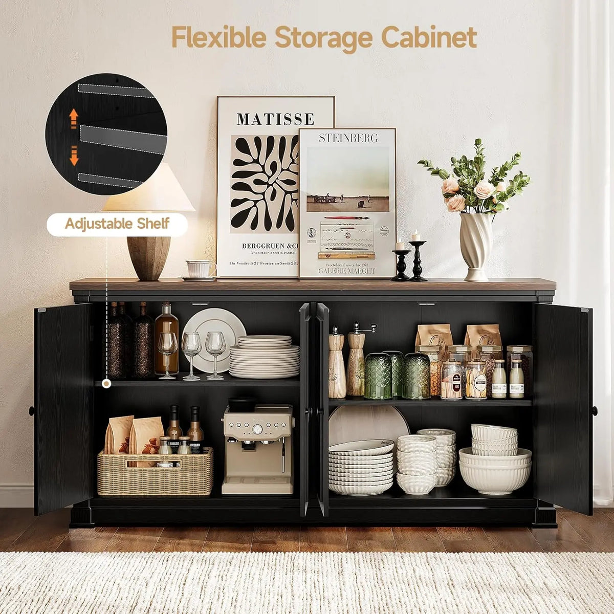 ONBRILL Solid Wood Sideboard Buffet Cabinet With Barn Doors