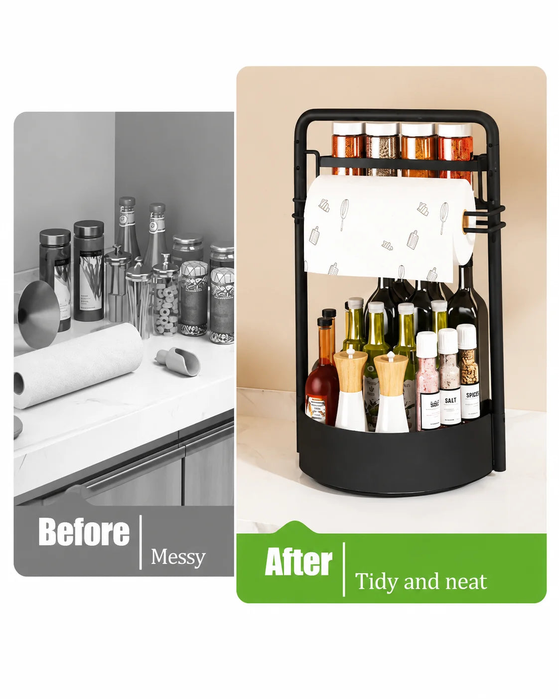 Rotating Two Tier Spice Rack Organizer With Paper Towel Holder