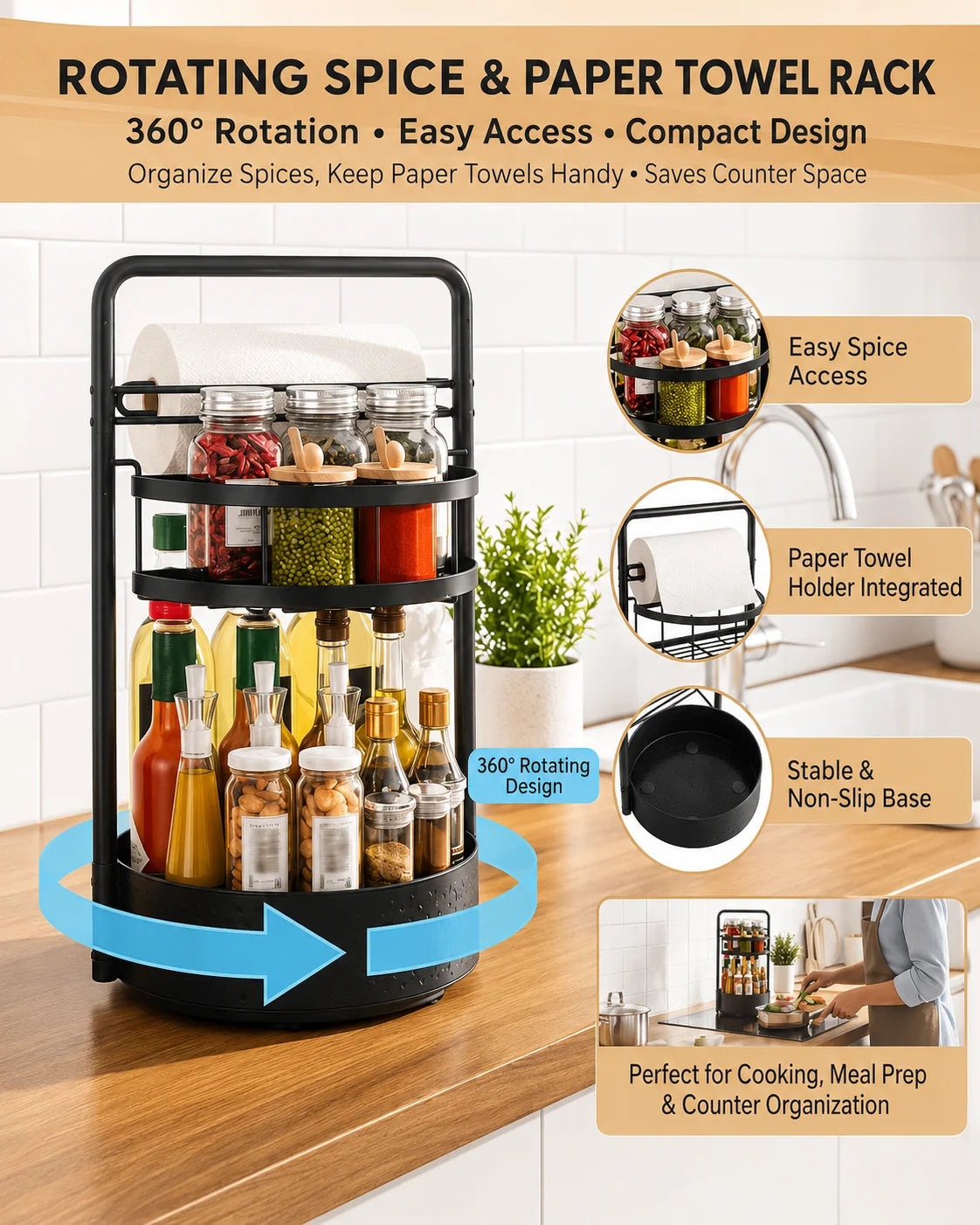 Rotating Two Tier Spice Rack Organizer With Paper Towel Holder