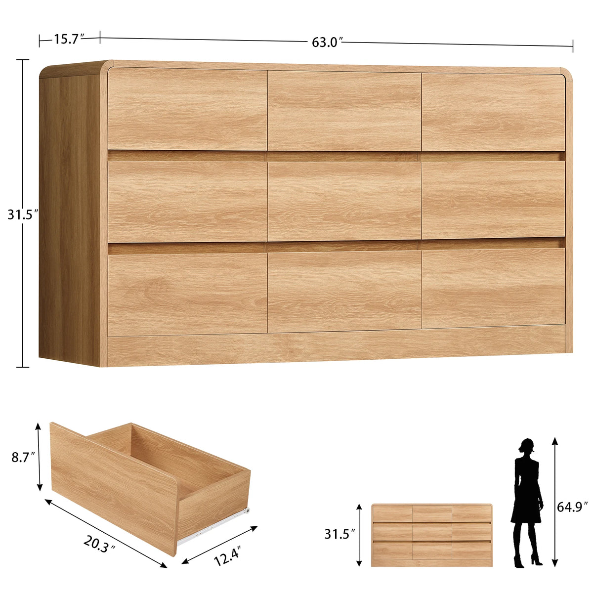 Modern 9 Drawer Dresser With Curved Profile Bedroom Storage