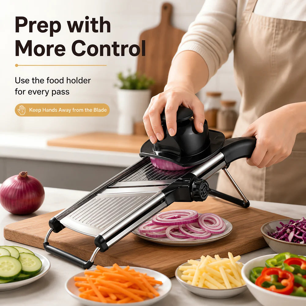 Adjustable Mandoline Vegetable Slicer With Food Holder And Julienne Cutter