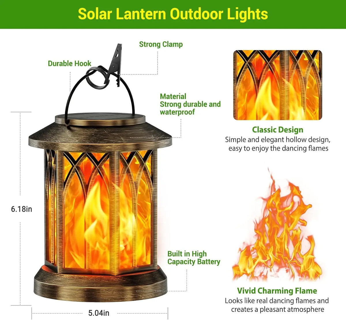 Waterproof Solar Lantern With Flickering Flame for Outdoor Garden Decor