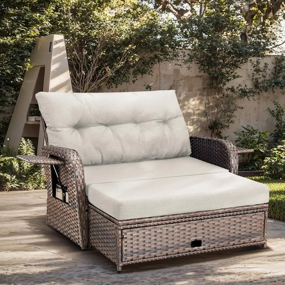 Outdoor Wicker Patio Daybed With Adjustable Reclining Back