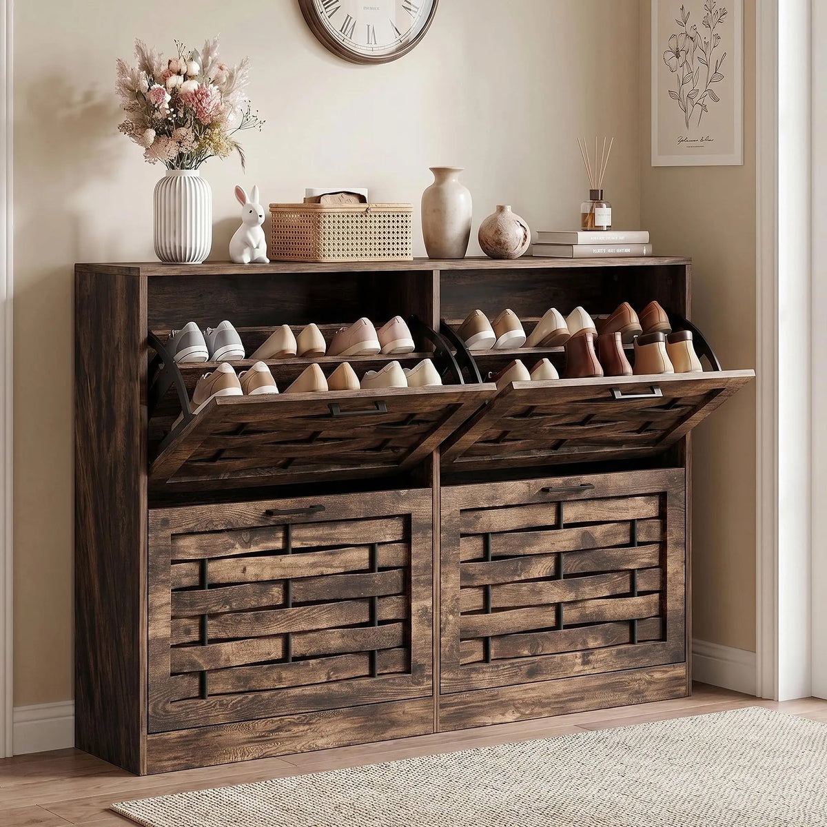 Shoe Cabinet With Four Flip Drawers And Handwoven Panel