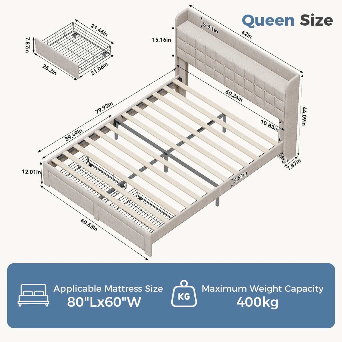 MCQ Upholstered Platform Bed Frame with Headboard and Storage Drawers