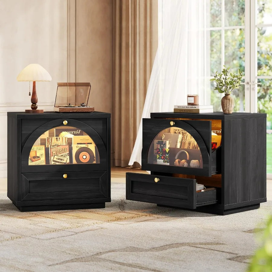 Modern Wood Nightstand With Charging Station, Lights And Arched Glass