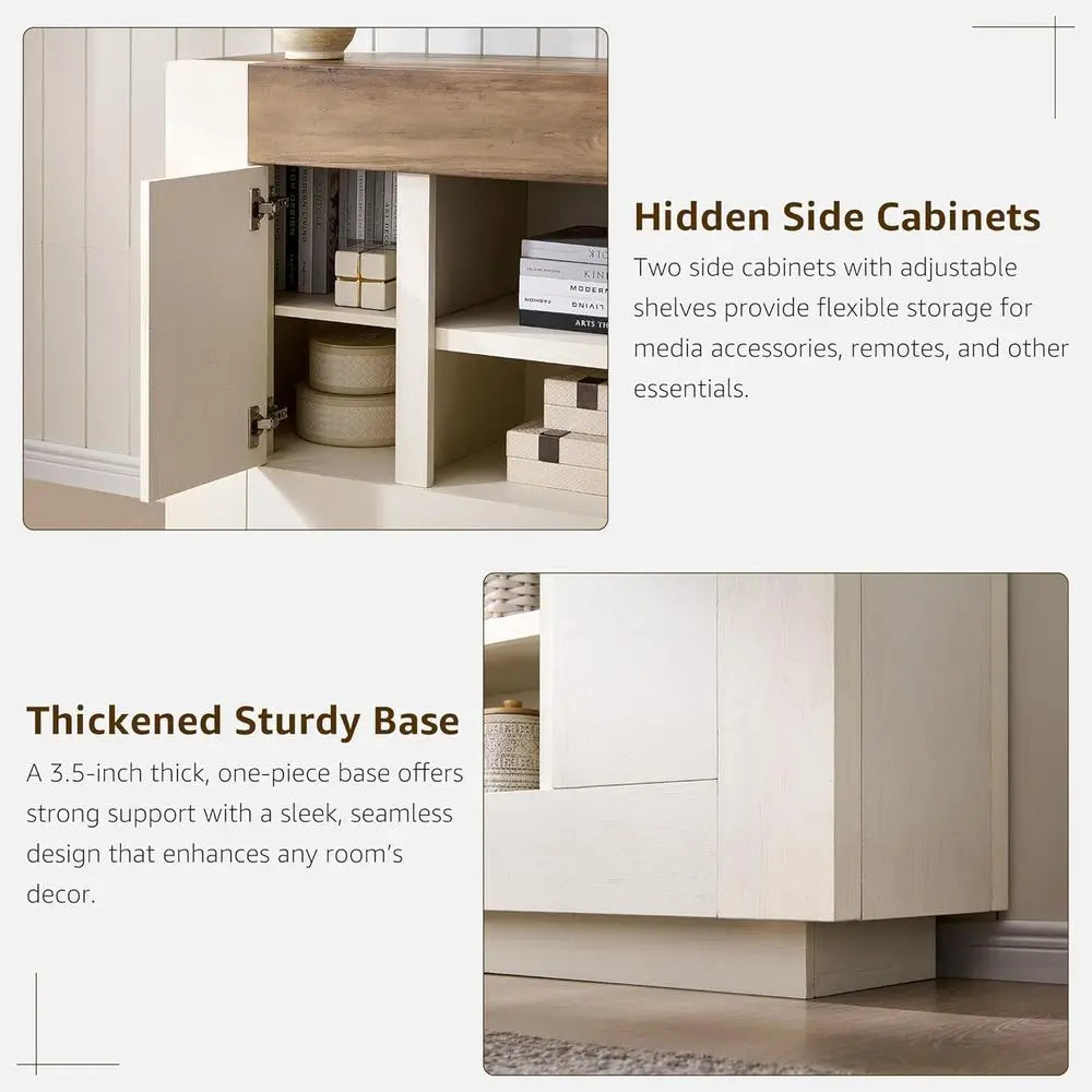 Modern Wood TV Stand Entertainment Center With Open Storage and Side Cabinets