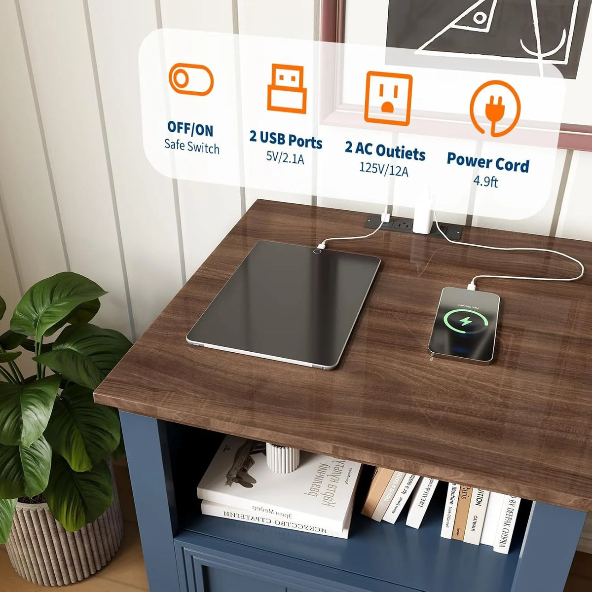 Modern Fluted Wood Nightstand With Usb Charger And Storage