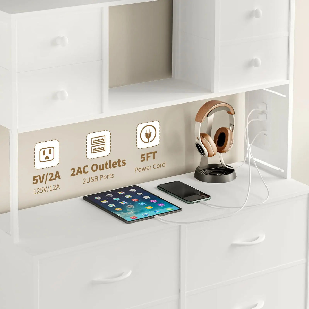 Drawer Dresser With Charging Station And LED Light For Bedroom