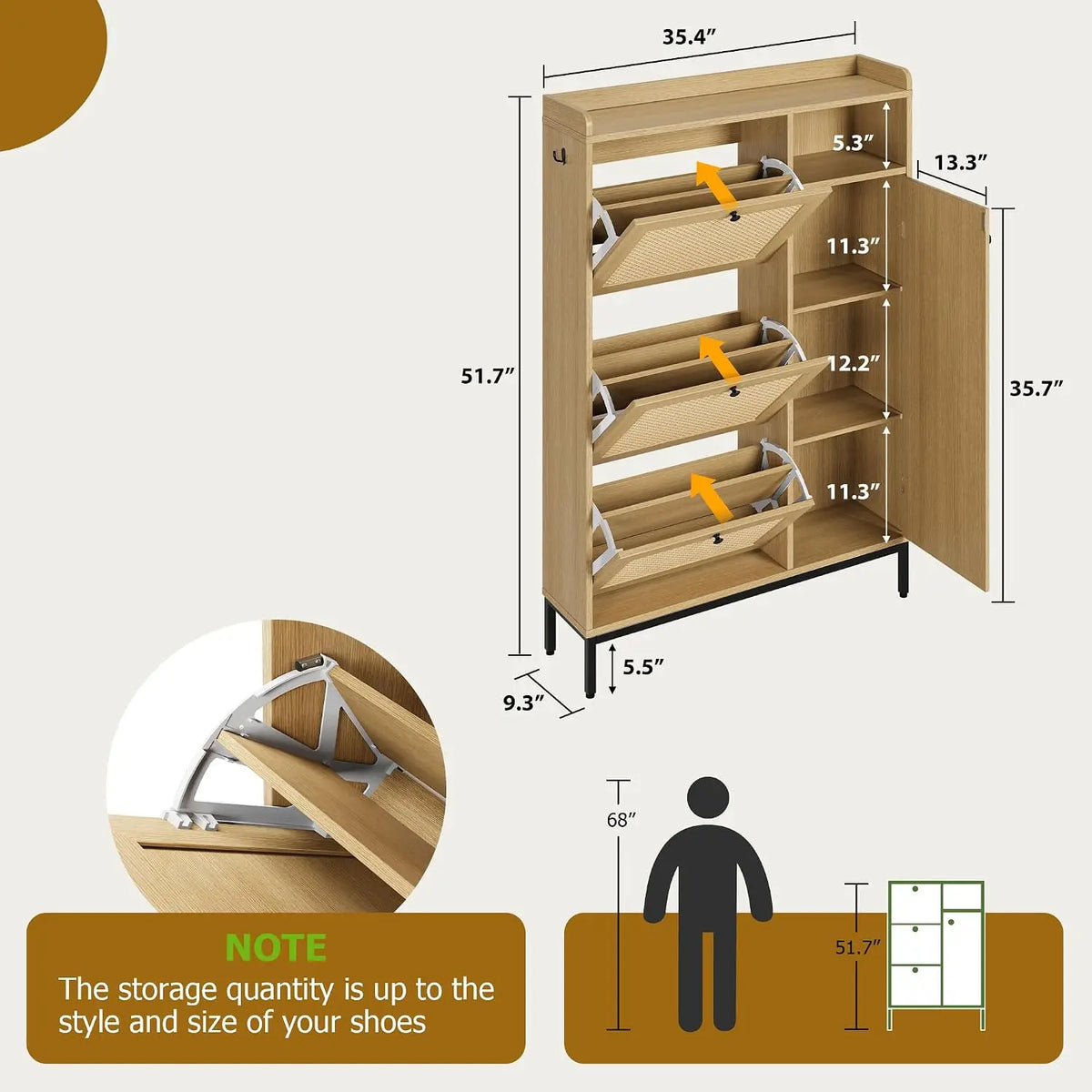 Garvee Wooden Shoe Cabinet With Flip Drawers And Rattan Doors
