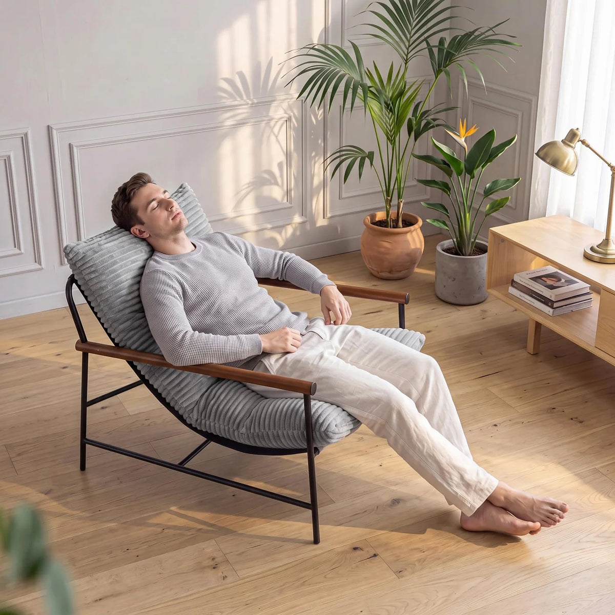 HiMISS Corduroy Lounge Chair With Wood Arms And Metal Frame