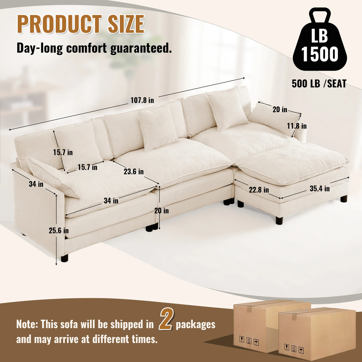Redlife Modern L Shaped Sectional Sofa With Ottoman And Cushions