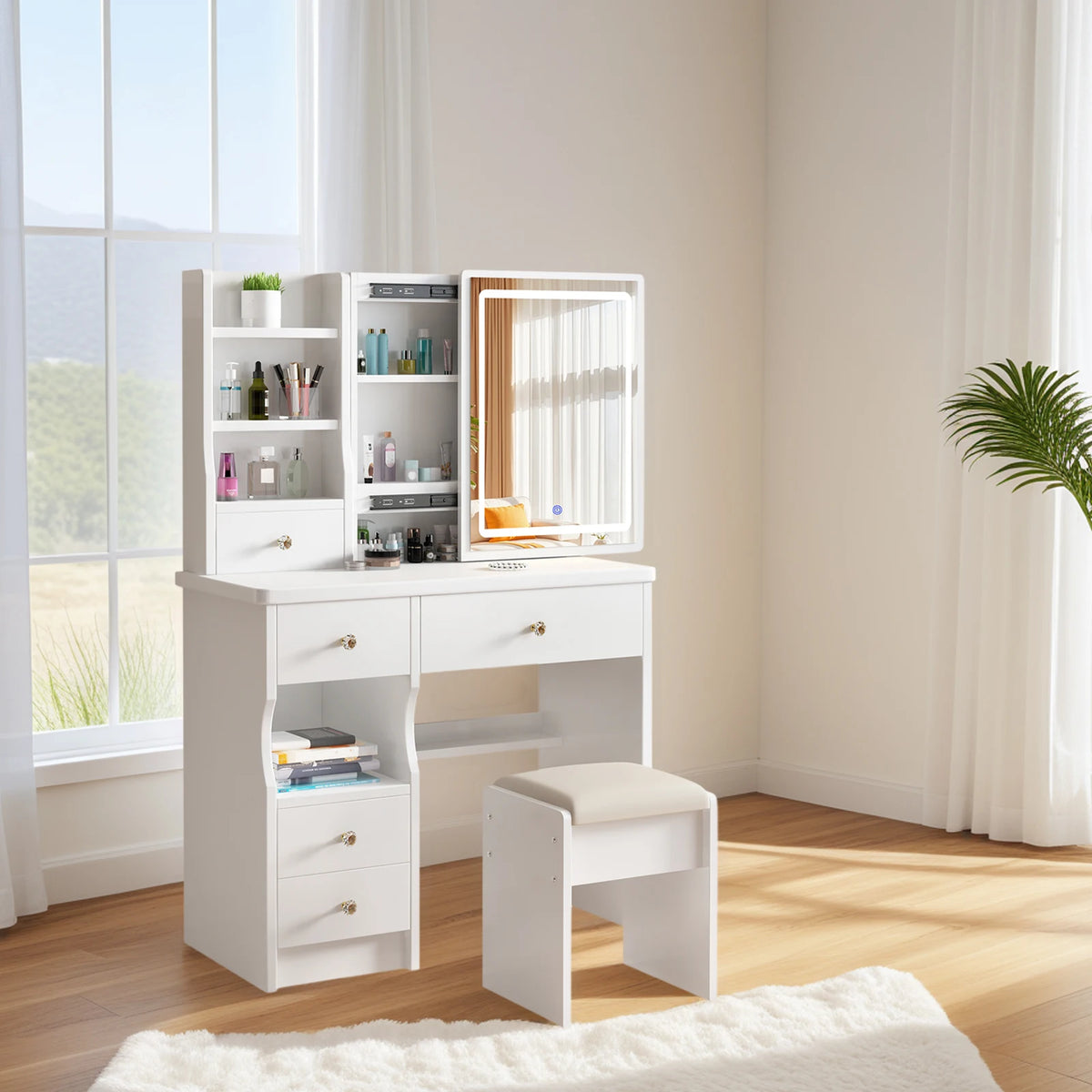 Modern Wooden Vanity Desk Featuring Adjustable LED Sliding Mirror