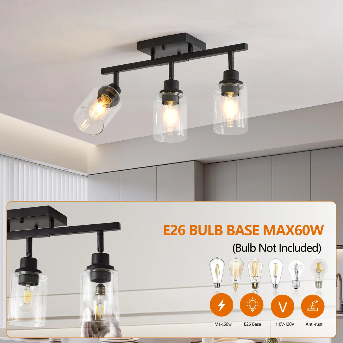 ARLGSITE Adjustable Wall Mount Light With Glass Shade E26 Base