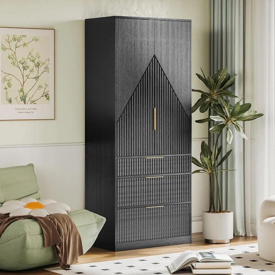 Wooden Wardrobe Armoire With Doors Drawers And Hanging Rod Storage