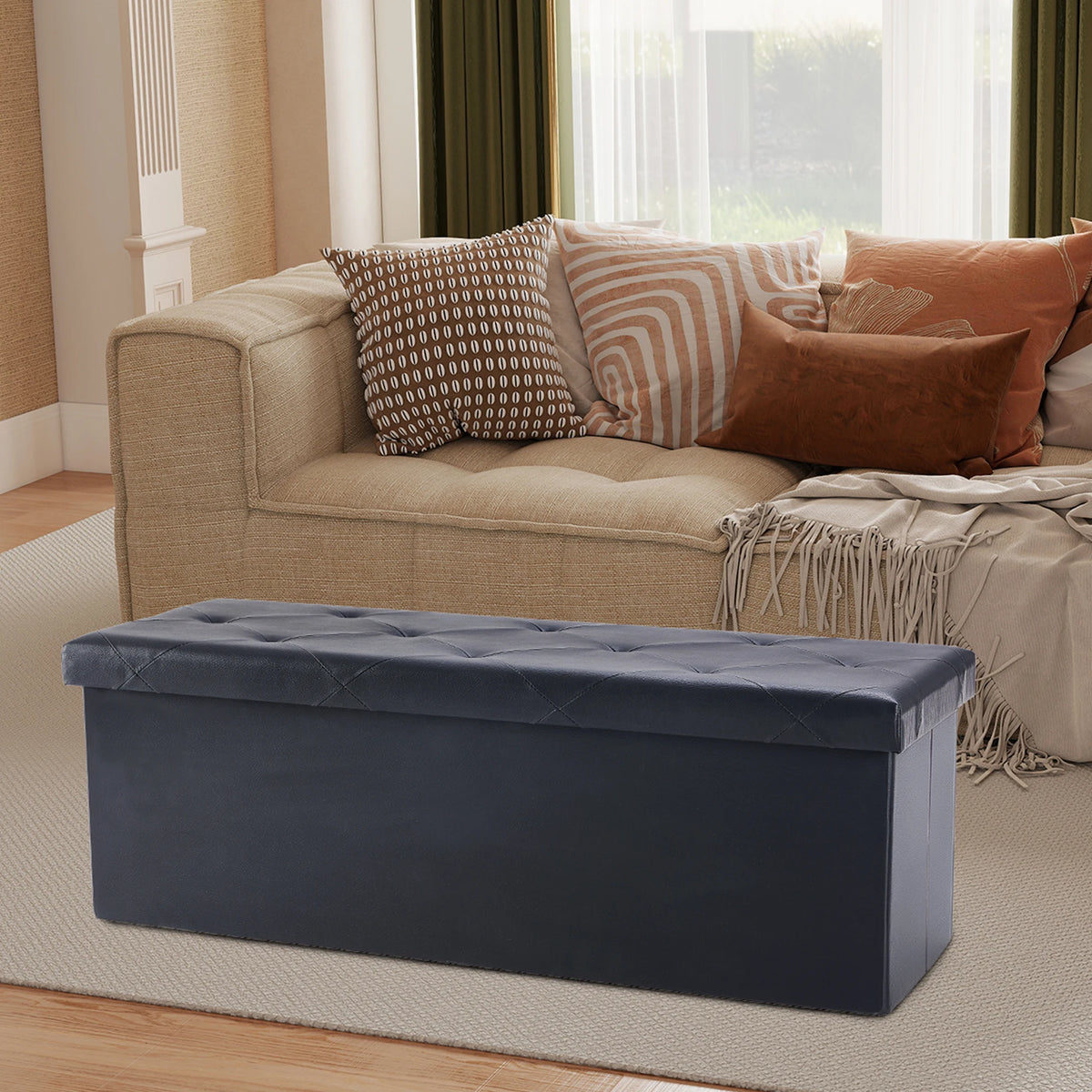 JHK Leather Storage Ottoman Bench With Folding Footrest