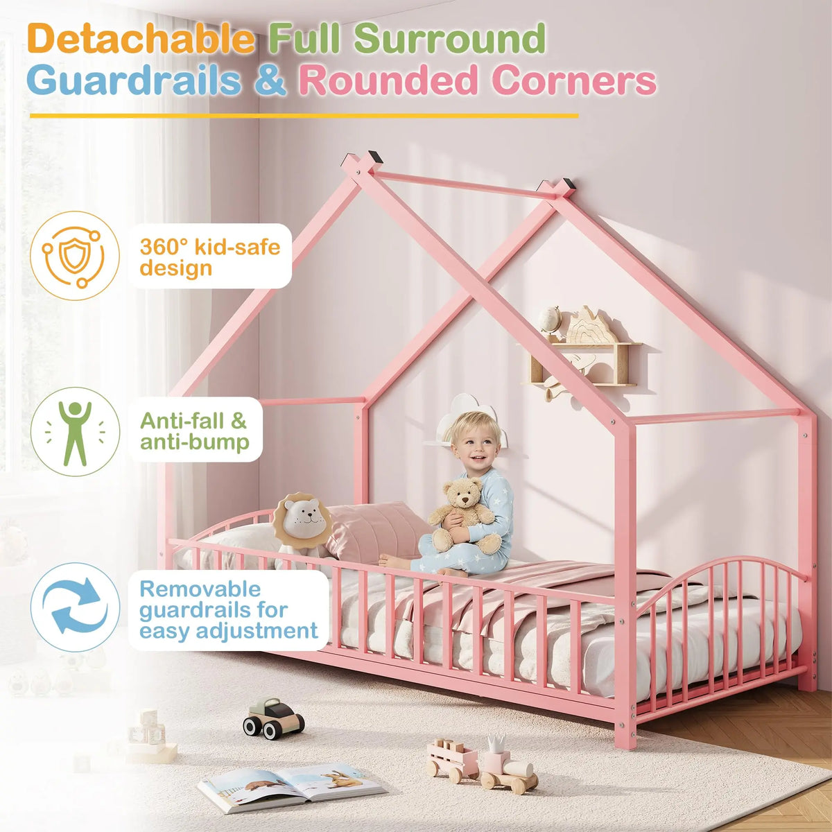 HiMISS Montessori House Bed Frame With Safety Rails For Kids