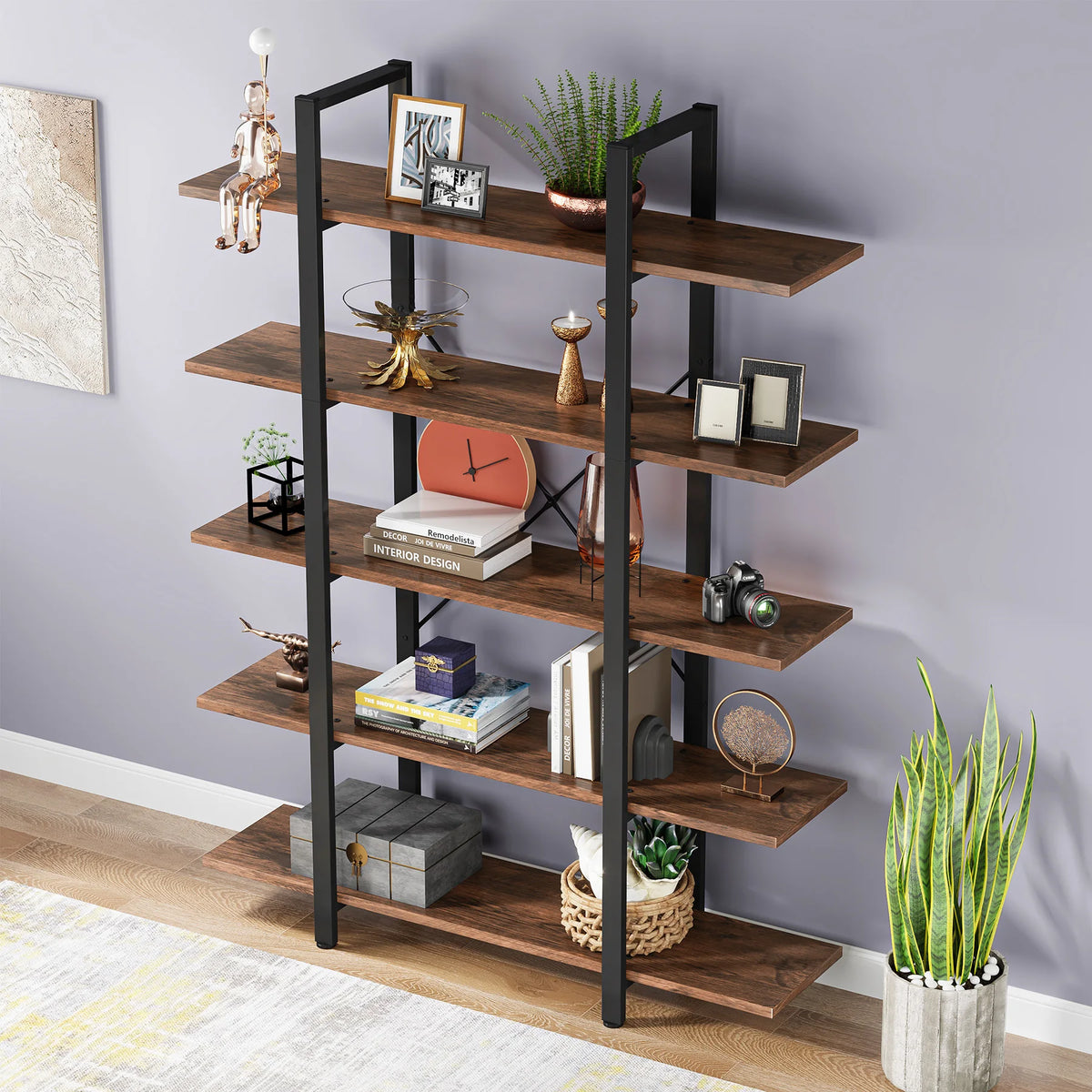 Tribesigns Five Tier Industrial Style Wooden Bookshelf Bookcase