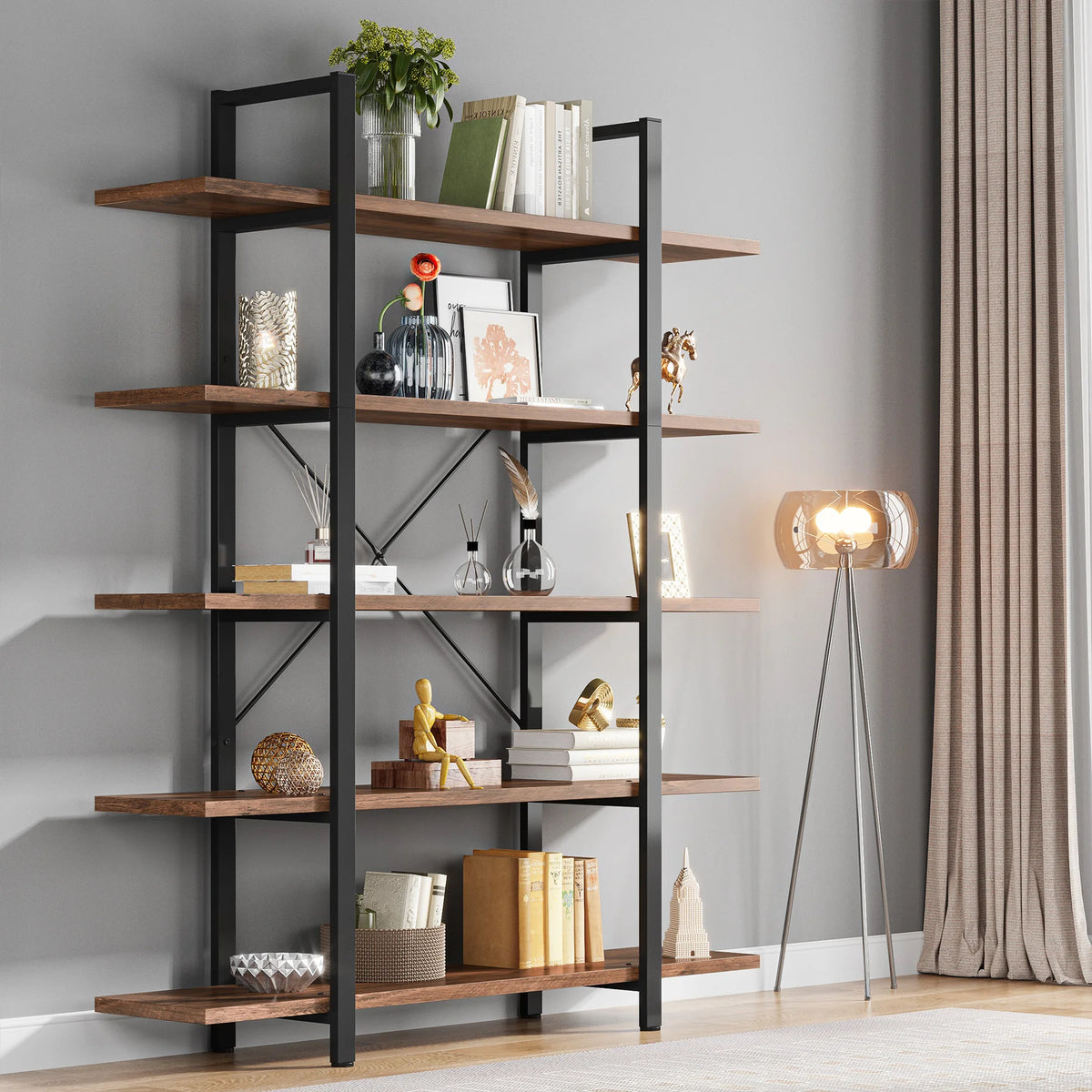 Tribesigns Five Tier Industrial Style Wooden Bookshelf Bookcase