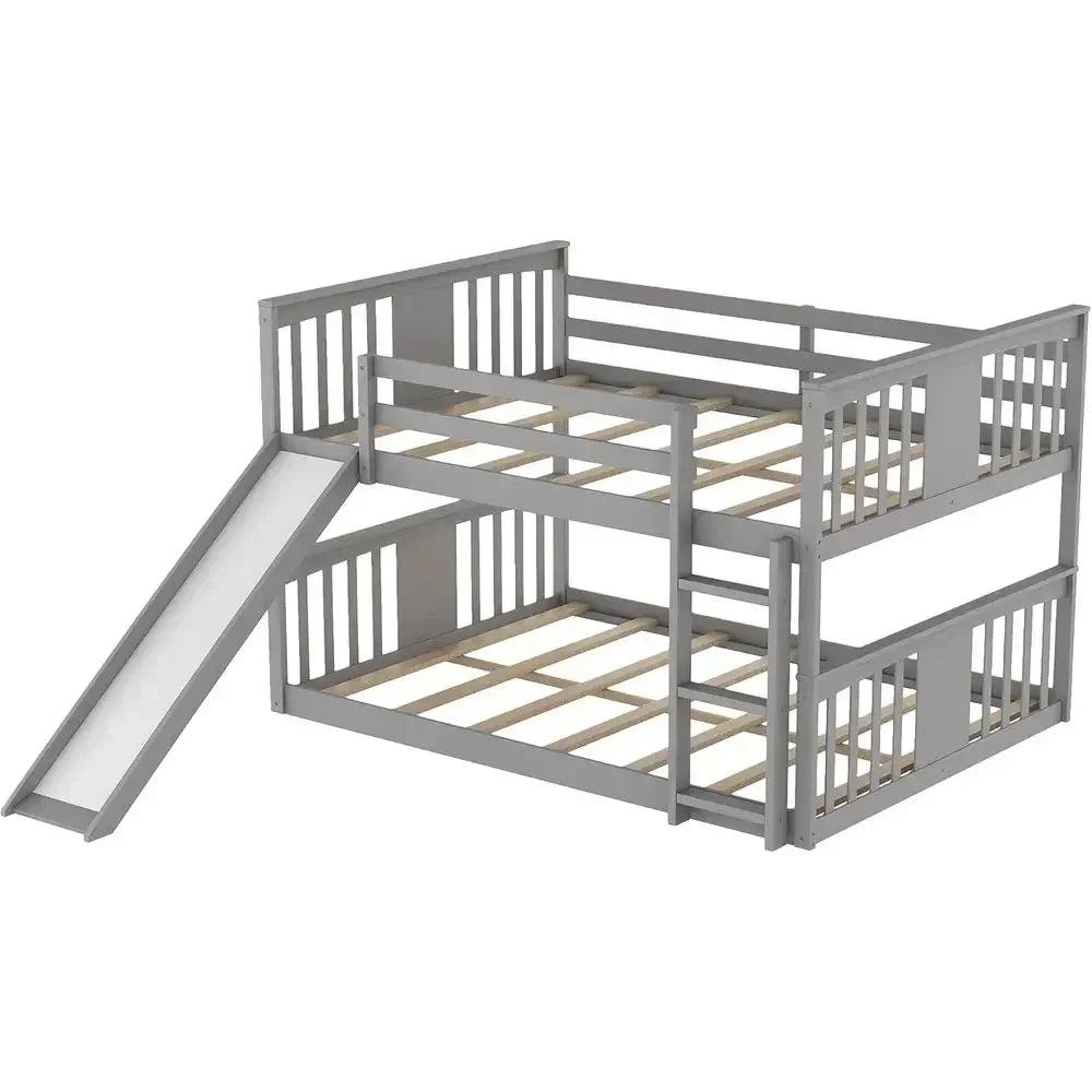 Solid Wood Bunk Bed With Slide And Safety Guard Rails for Kids