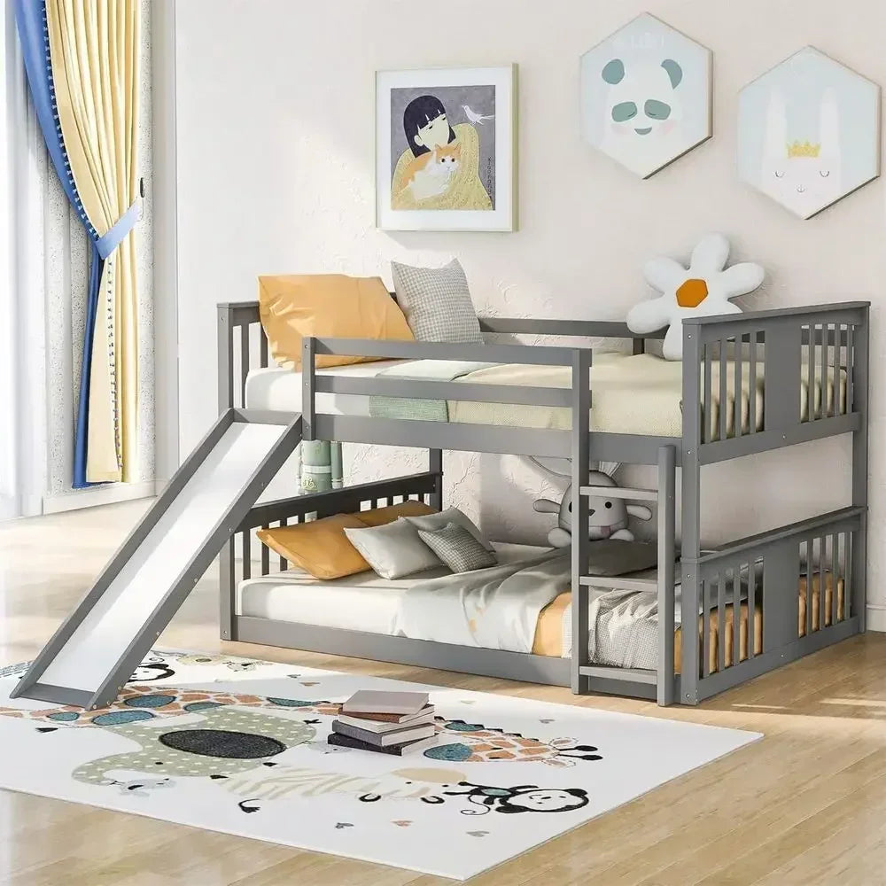 Solid Wood Bunk Bed With Slide And Safety Guard Rails for Kids