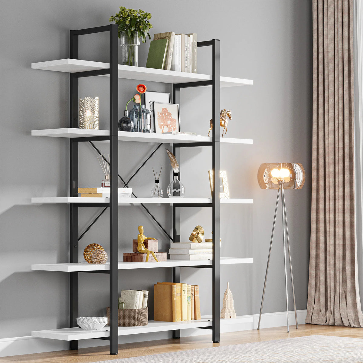Tribesigns Five Tier Industrial Style Wooden Bookshelf Bookcase