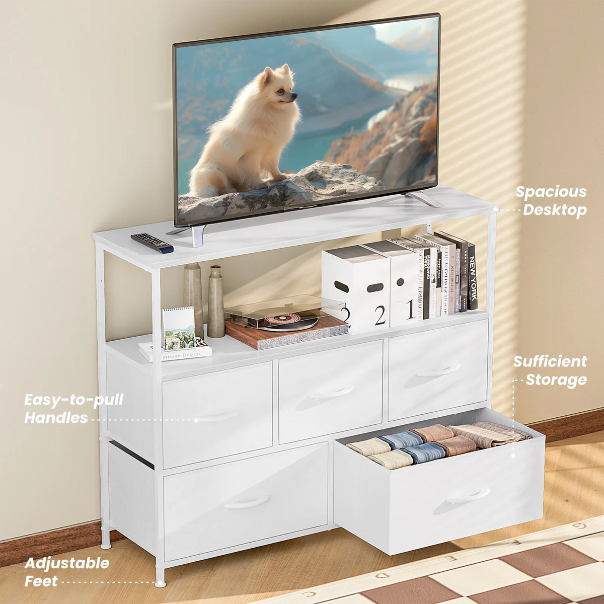 MCQ TV Stand With Fabric Drawers And Open Media Shelf