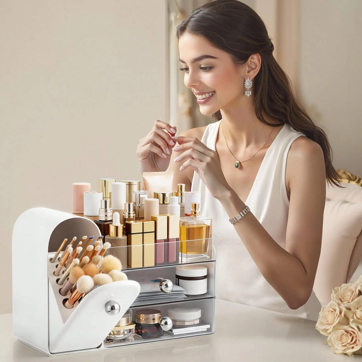 Makeup Organizer With Drawers And Brush Holder For Vanity Counter