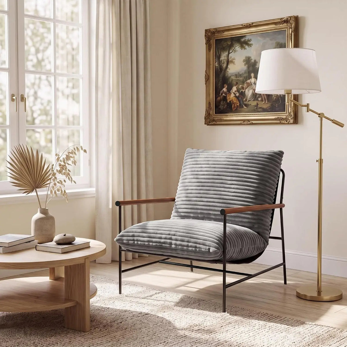 HiMISS Corduroy Lounge Chair With Wood Arms And Metal Frame