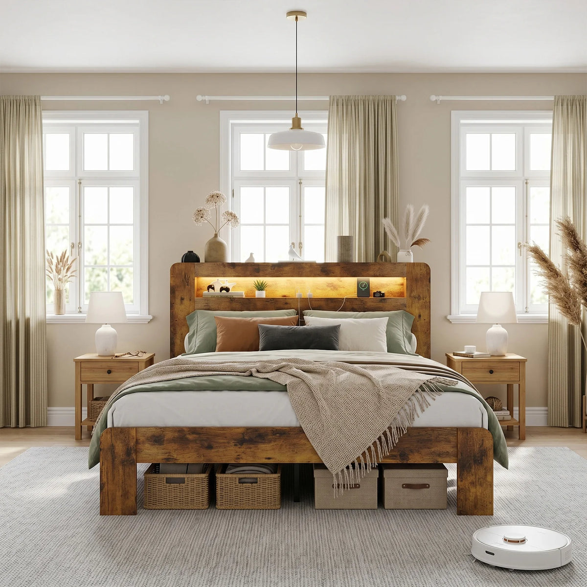 Platform Bed With Storage Headboard, Charging Station And LED Lights