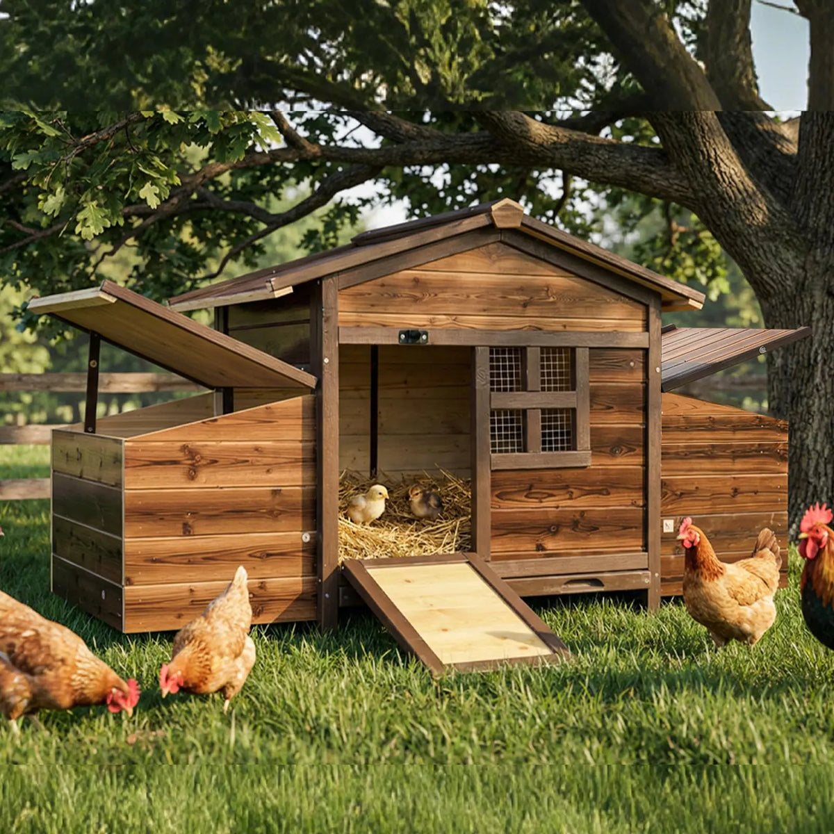 Wooden Chicken Coop With Nesting Boxes, Ramp And Ventilated Window