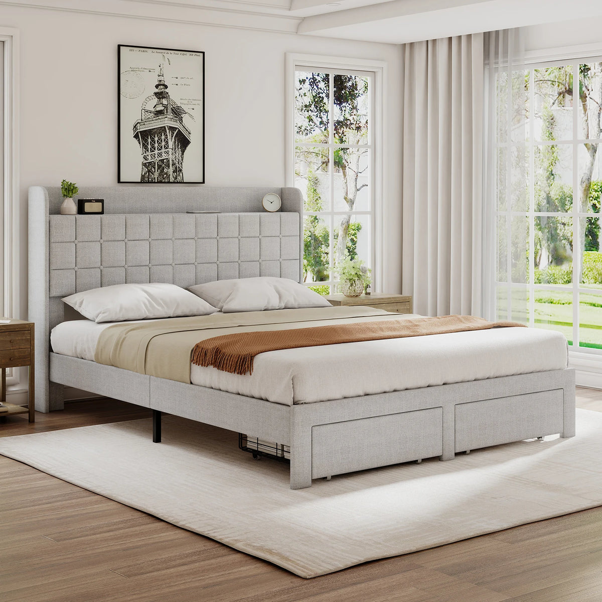 MCQ Upholstered Platform Bed Frame with Headboard and Storage Drawers