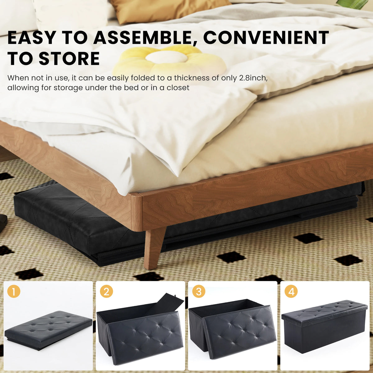 JHK Leather Storage Ottoman Bench With Folding Footrest