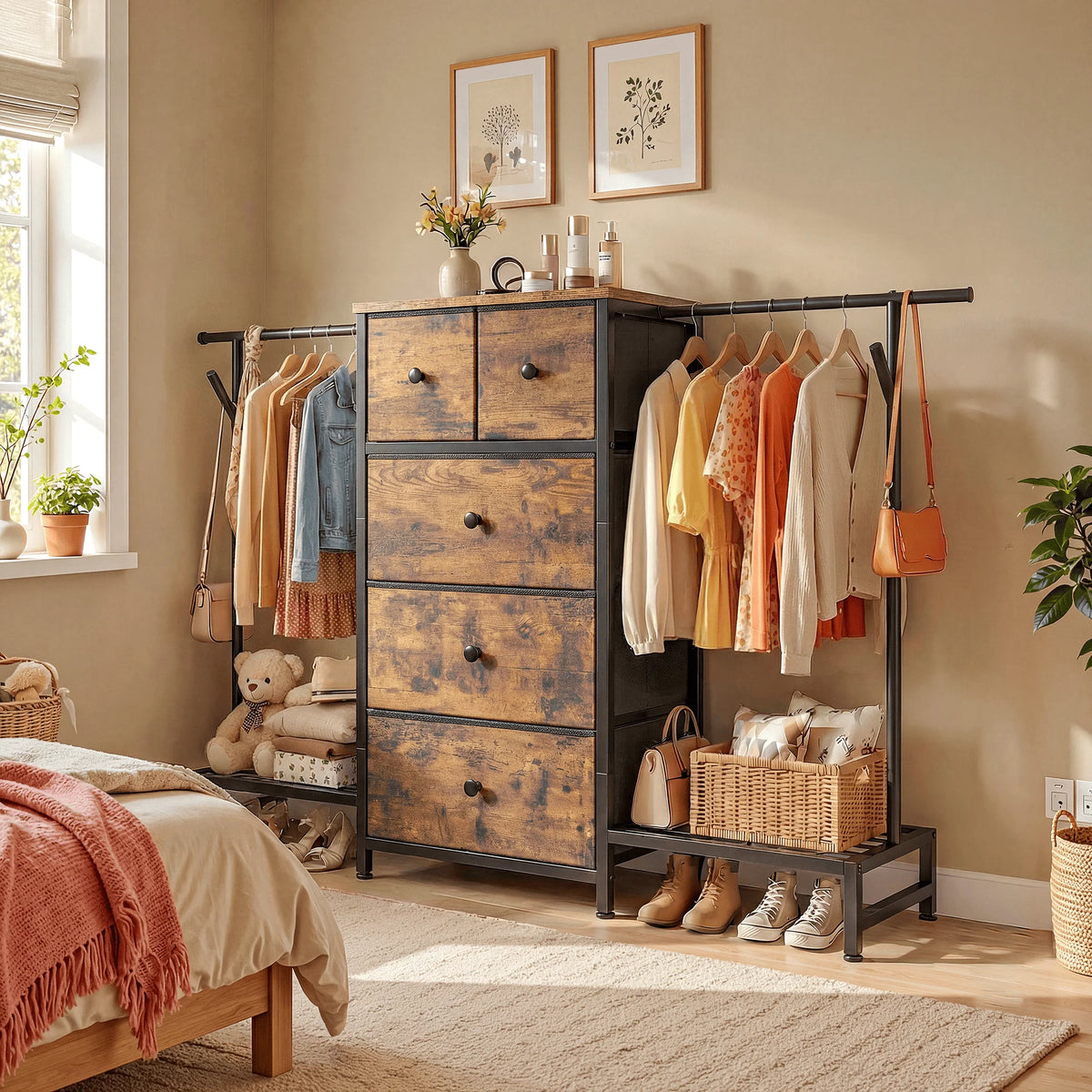 EnHomee Three In One Dresser Hanging Rack With Shoe Storage
