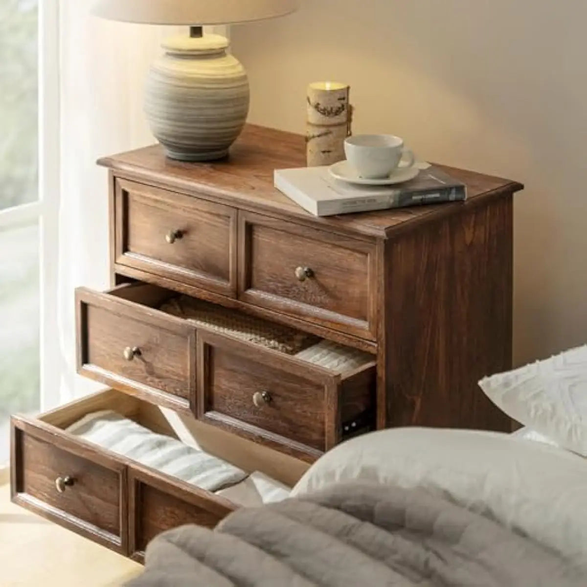 Solid Wood Nightstand With USB Hub Three Drawers Rustic Farmhouse