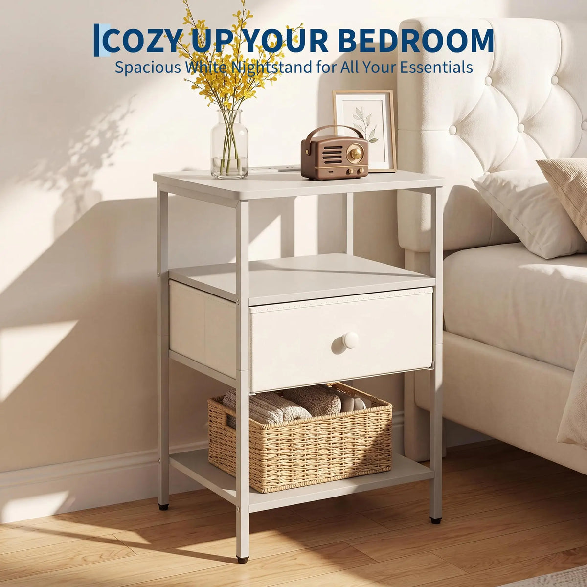 HiMISS Modern Nightstand With Charging Station And Fabric Drawer