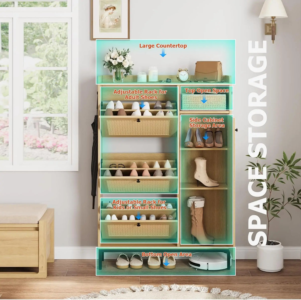 Garvee Wooden Shoe Cabinet With Flip Drawers And Rattan Doors