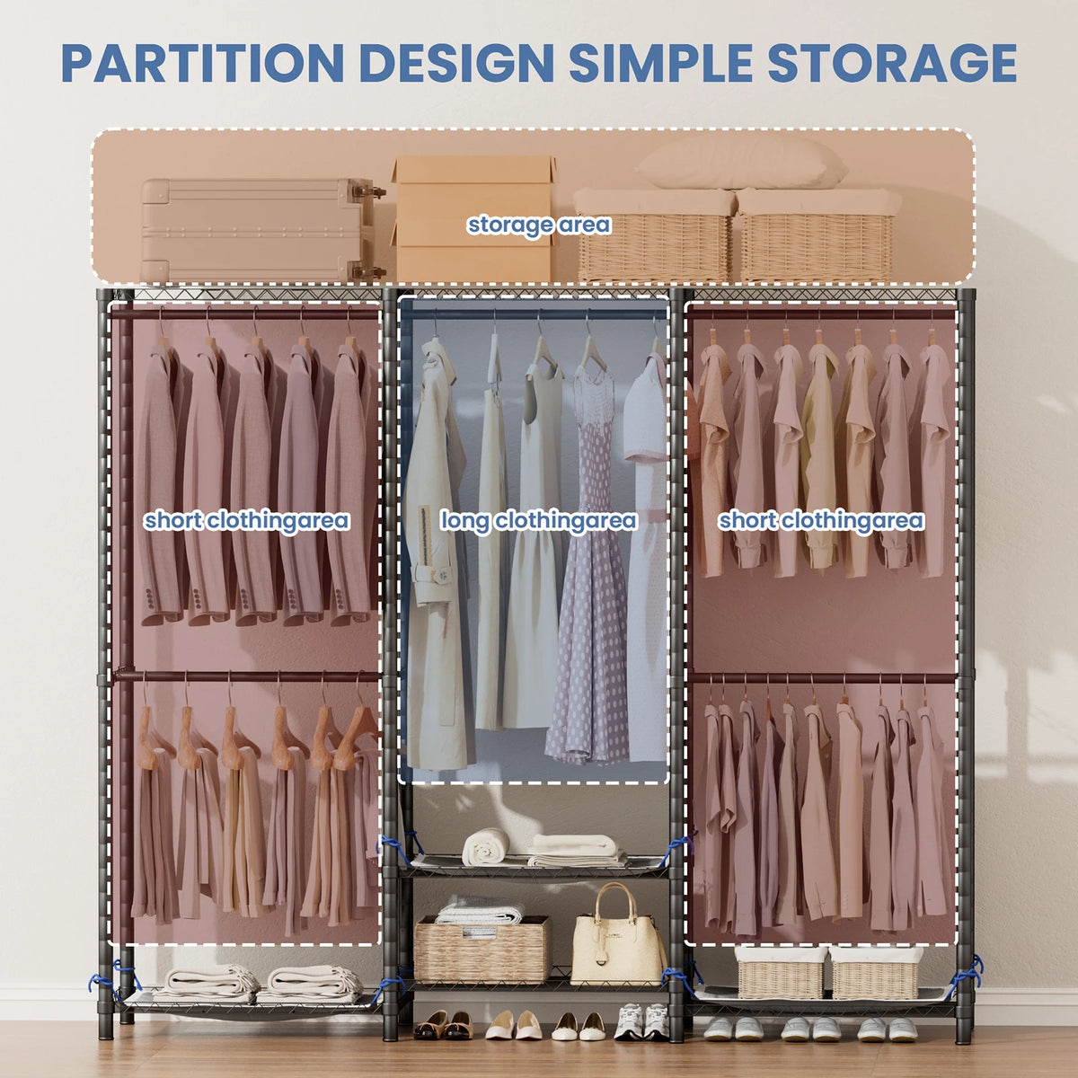 Freestanding Metal Clothes Rack Storage Organizer For Home And Bedroom
