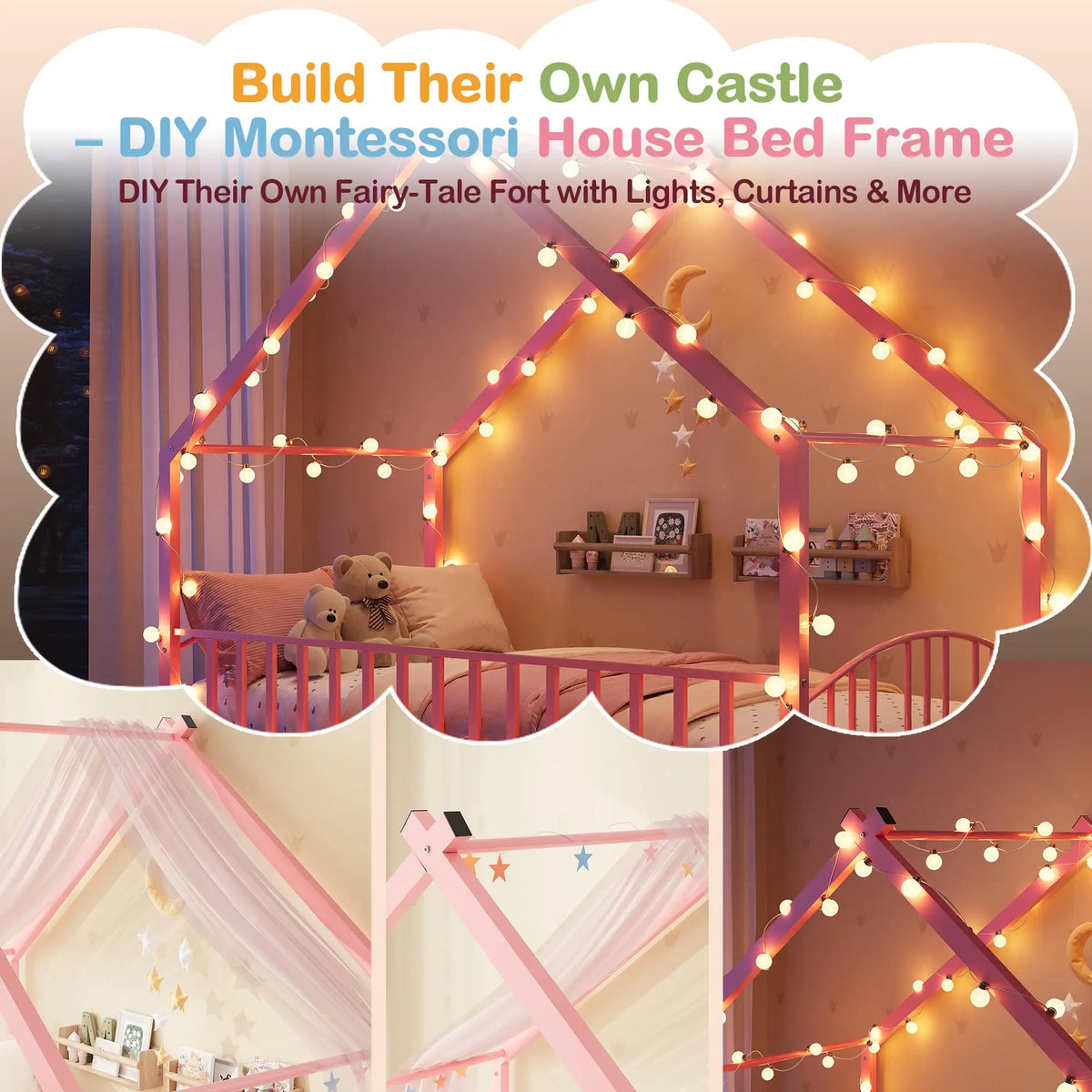 HiMISS Montessori House Bed Frame With Safety Rails For Kids