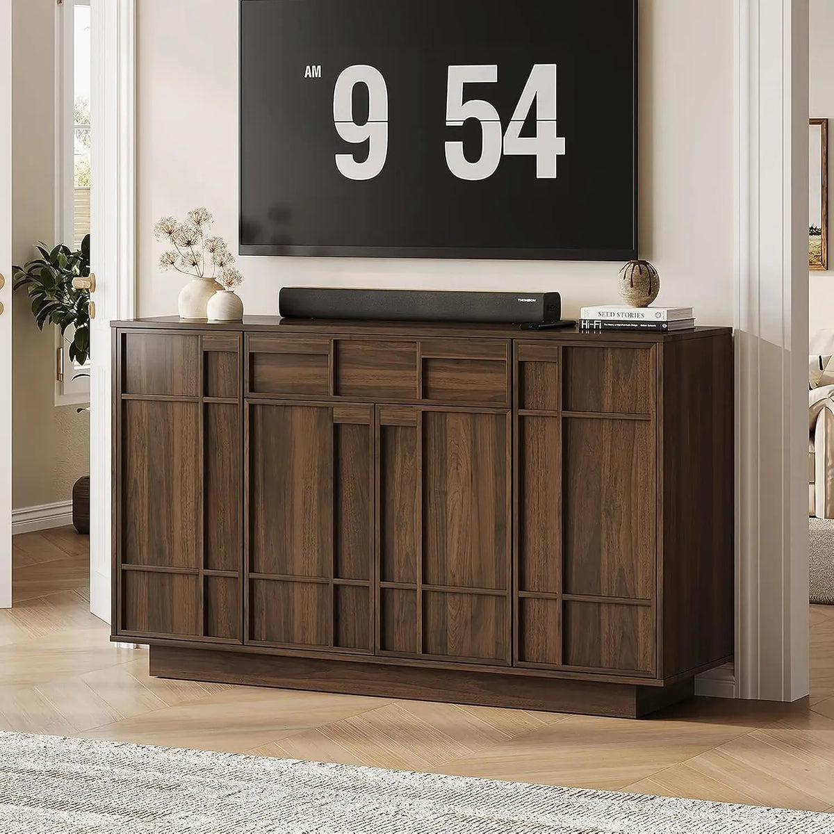 ONBRILL Mid Century Modern Sideboard Buffet Storage Cabinet with Built In Lights