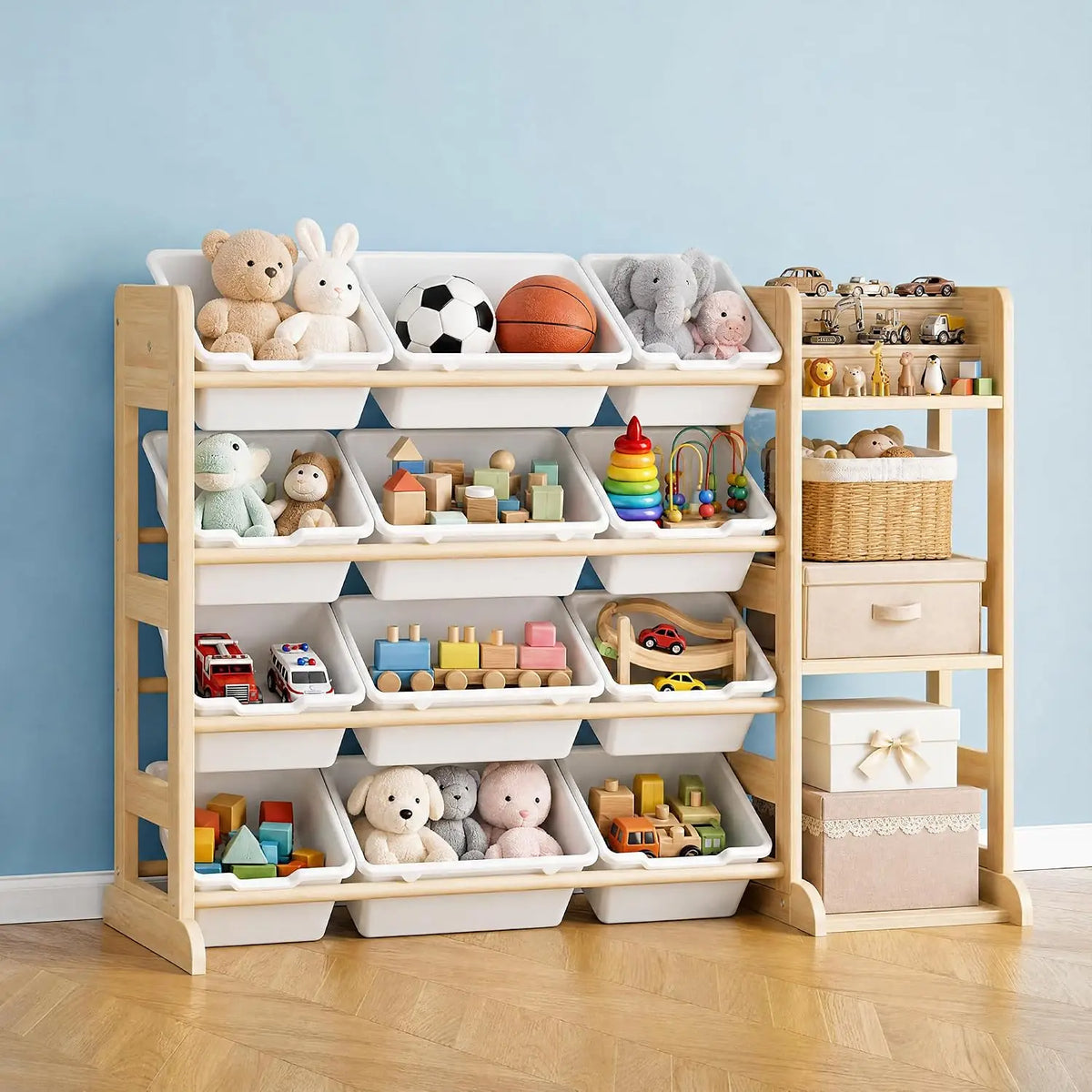 Tacleekii Toy Storage Shelf Featuring Plastic Bins And Wood Units