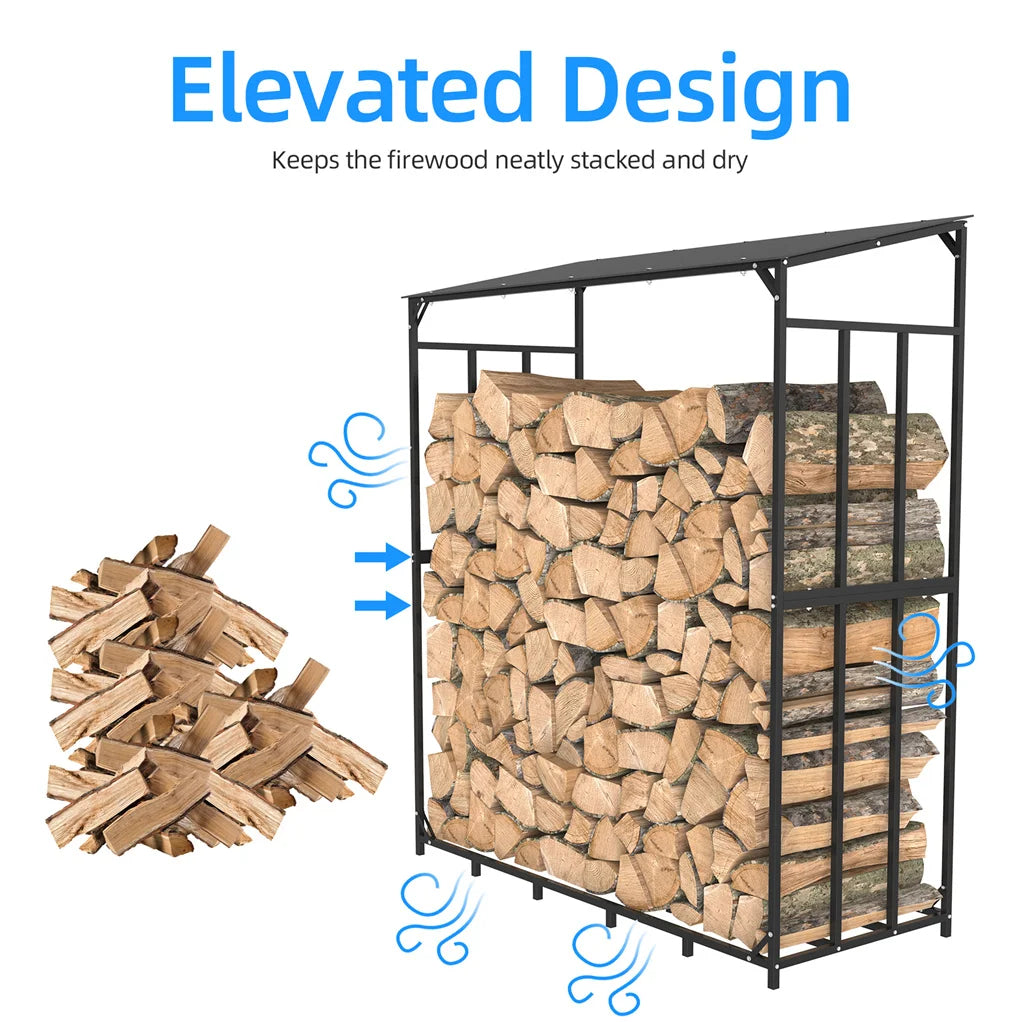 Metal Log Store With Waterproof Roof For Outdoor Garden Firewood