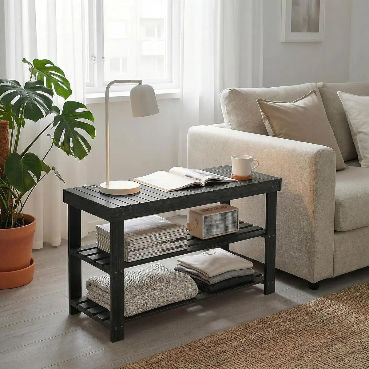 HiMISS Bamboo Shoe Rack Bench With Comfortable Entryway Storage Seat