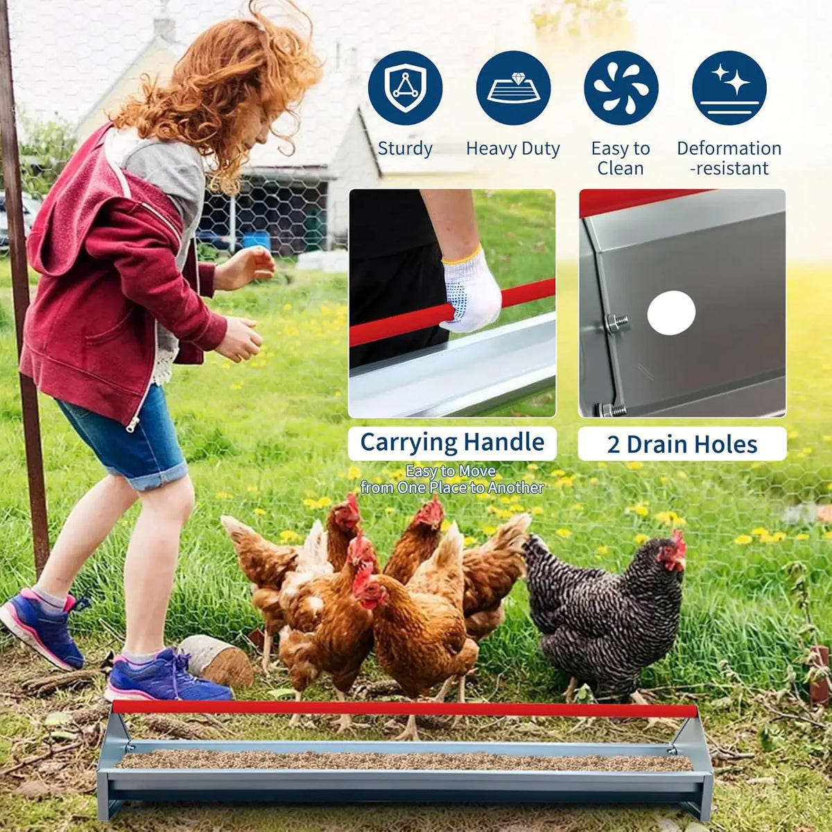 HiMiss Galvanized Steel Poultry Feeder Trough With Rotatable Handle