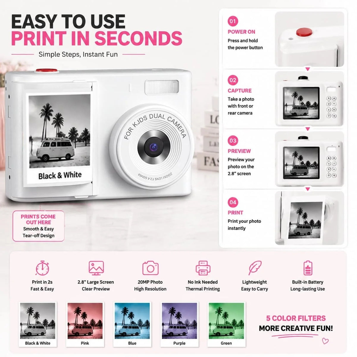 WO Instant Print Digital Camera With 48MP Sensor And Printer