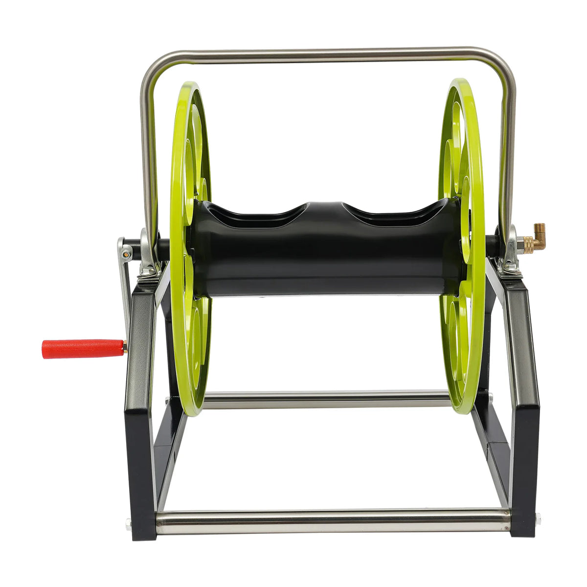 Metal Garden Hose Reel Featuring Crank Handle And Swivel Nozzle