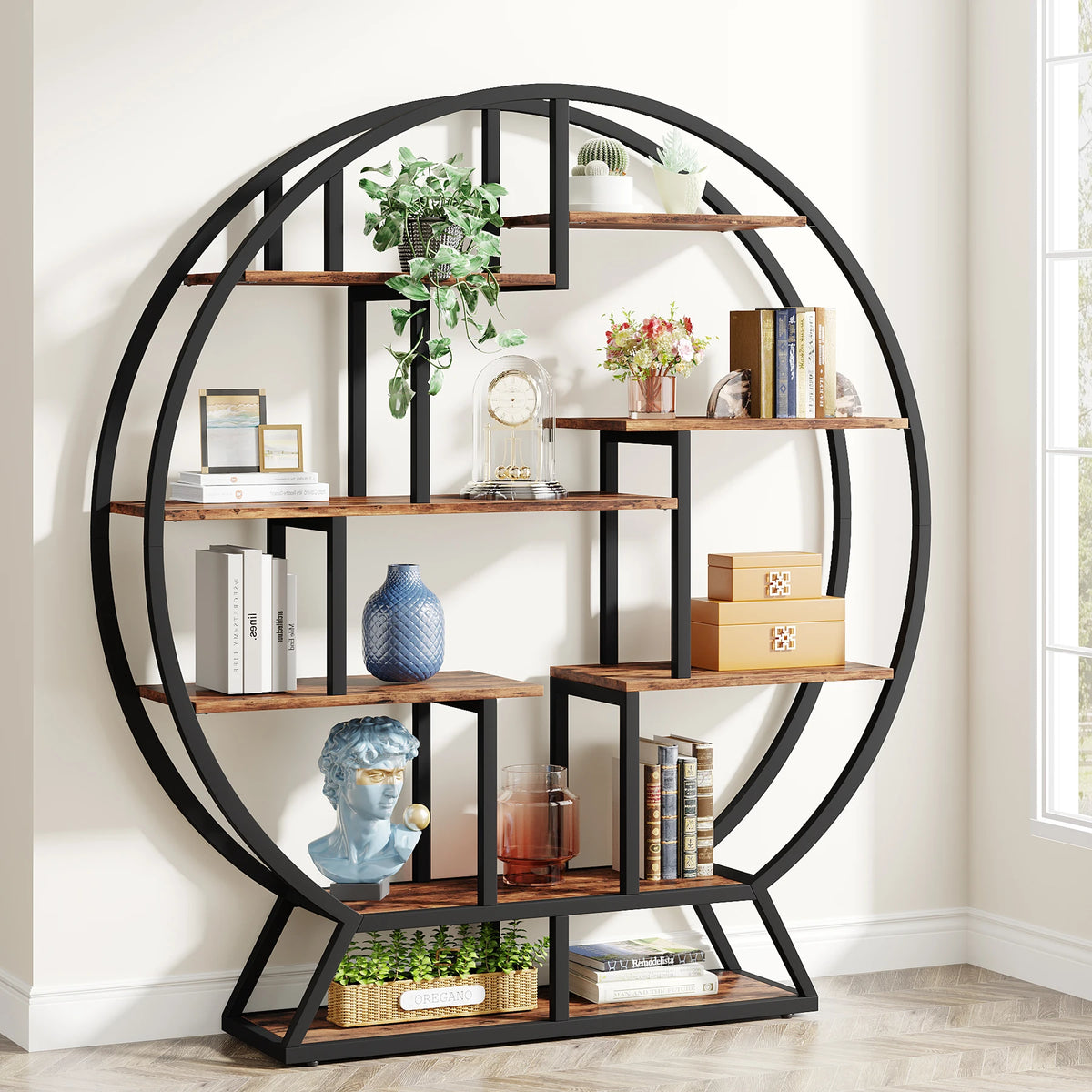 Tribesigns Industrial Round Bookshelf With Staggered Shelves And Metal Frame